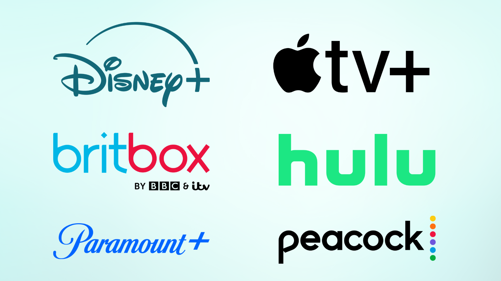 AppleTV+, BritBox, Disney+, Hulu, Paramount+ and Peacock streaming logos